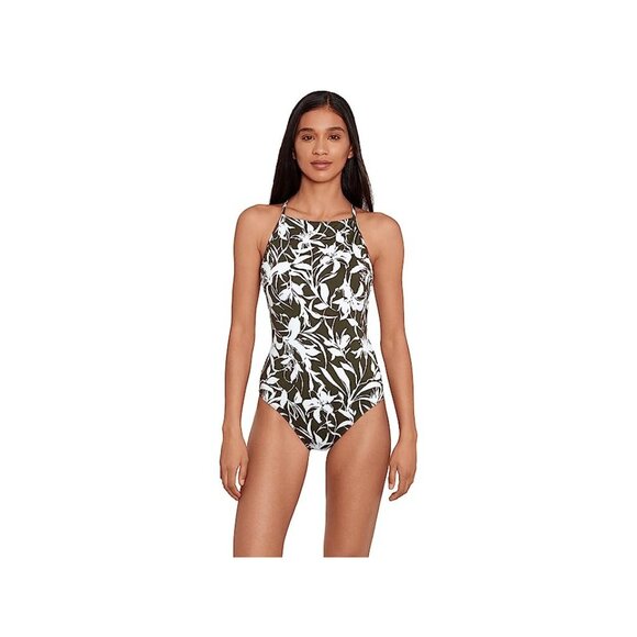 Ralph Lauren Womens Tropic Monotone High-Neck Swimsuit Halter Olive/White Sz 14 - Picture 2 of 10